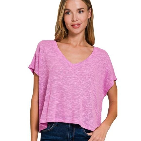 Zenana Hacci Slub V-neck Drop Shoulder Crop Top - Picture 1 of 3
